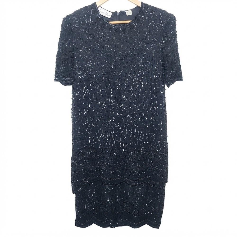 Vtg Lawrence Kazar Beaded Dress Silk Party Cocktail Art Deco Flapper 90s Black M
